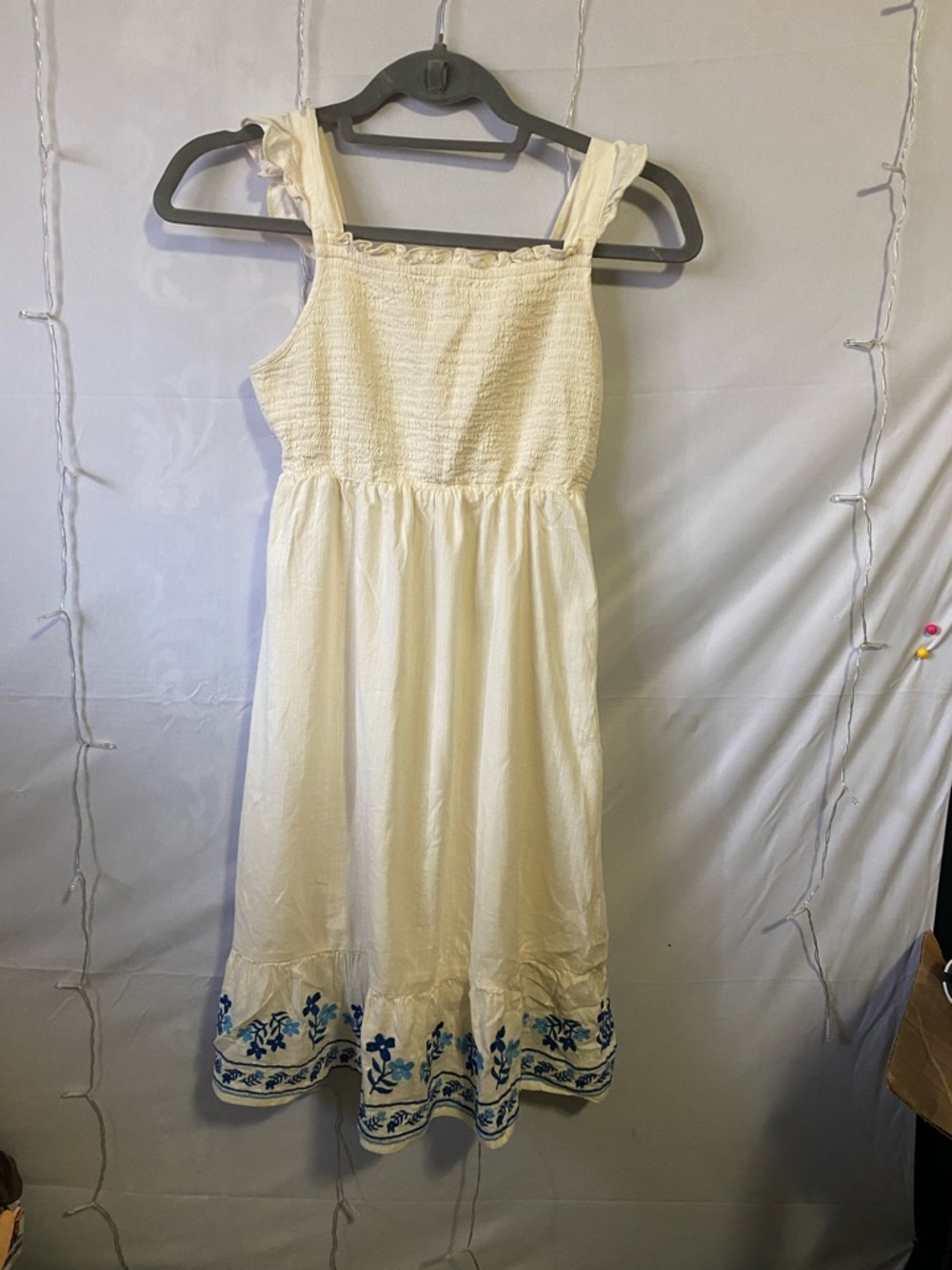 Old Navy Cream Dress with Blue Floral Border